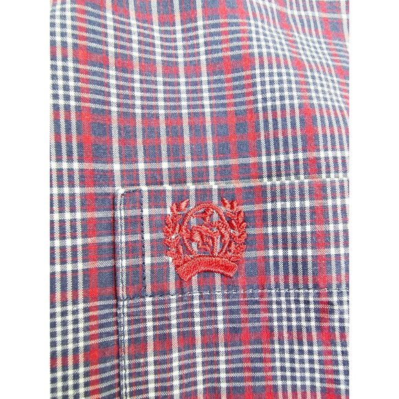 Cinch Medium Men Red White Blue Plaid Embroidered Pocket Logo Short Sleeve Shirt - Picture 7 of 11